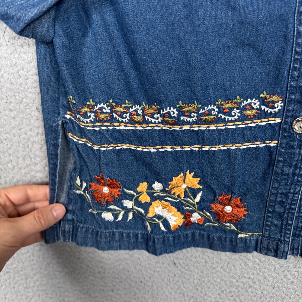 VTG Simrin Top Womens M Blue Denim Embroidered Floral Boho Cowgirl Ranch Prairie - Picture 6 of 11
